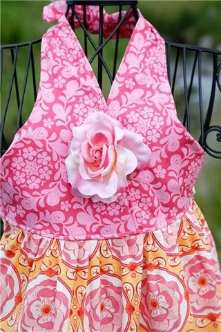 Little Girls Summer Halter Sundress Pink Rose Cotton Print