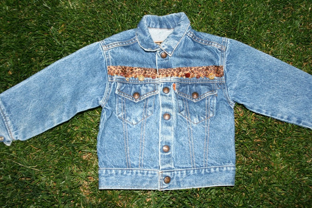Girls Hand Beaded Jean Jacket with Leopard Velvet  Back & Ribbon Trim