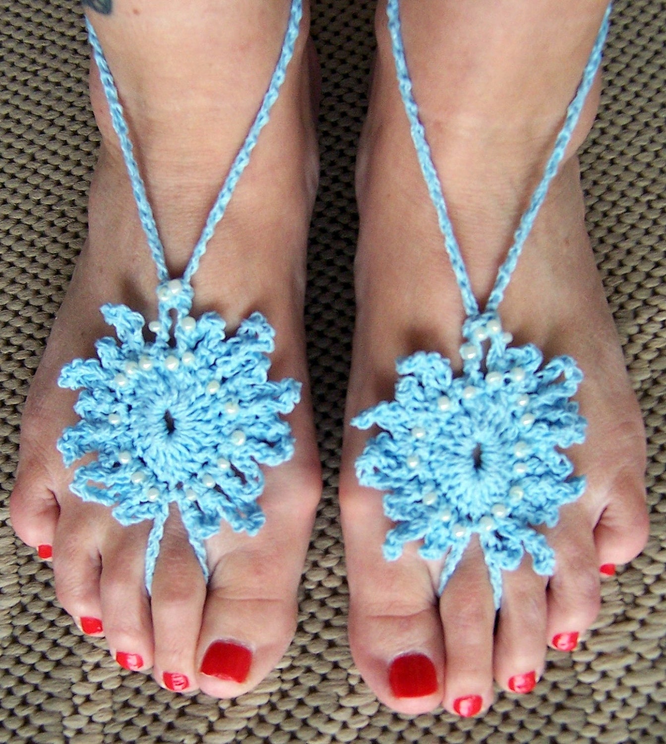 Barefoot Sandals  Light Blue Beaded Pearl Crochet, Beach wear, Wedding, Victorian, Lace, Sexy, Yoga, Pool