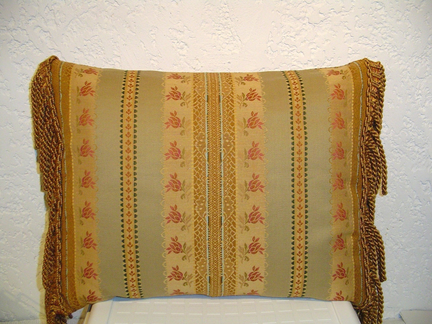 Handmade Pillow with Delicate Floral Stripe and Side Bullion Fringe