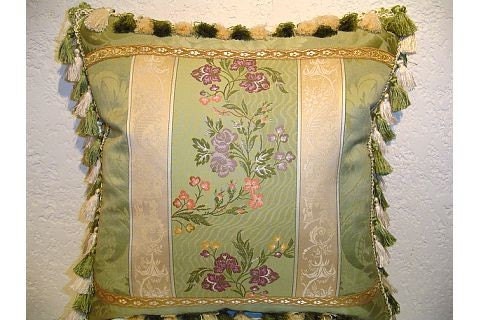 Piecework Designer Pillow in Green Floral Stripe Brocade with Tassel Trim