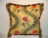 Designer Pillow with Floral Ribbon Stripe Brocade and Tassel Fringe