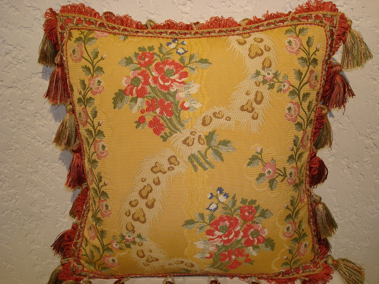 Yellow Designer Pillow with Floral and Leopard Motif and Tassel Trim
