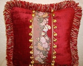 Handmade Red Velvet Pillow with Embroidered Ribbon Inset and Ball Trim