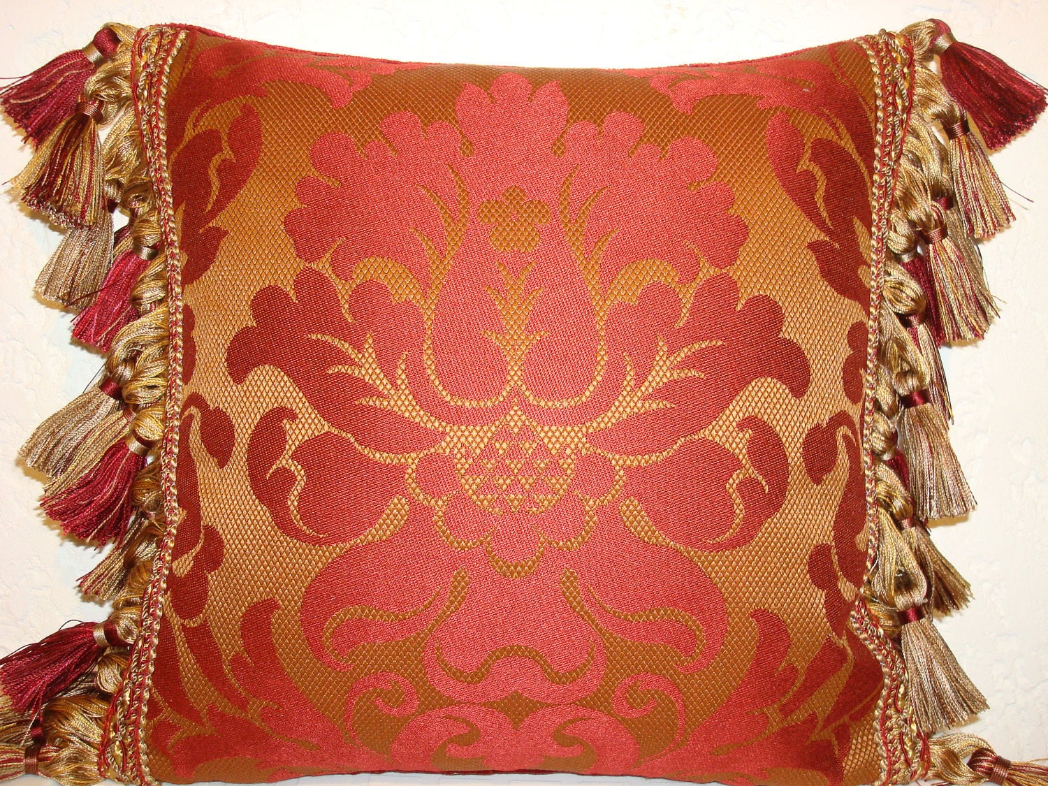 Handmade Classic Damask Pillow in Bronze and Autumnberry with Tassel Trim