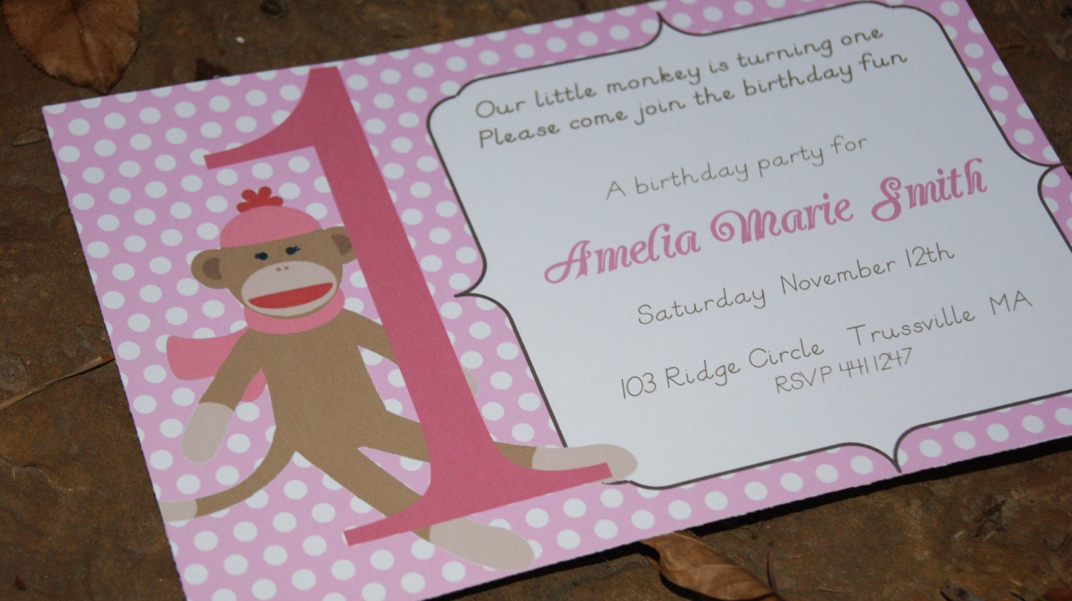 Pink Sock Monkey Birthday Invitation