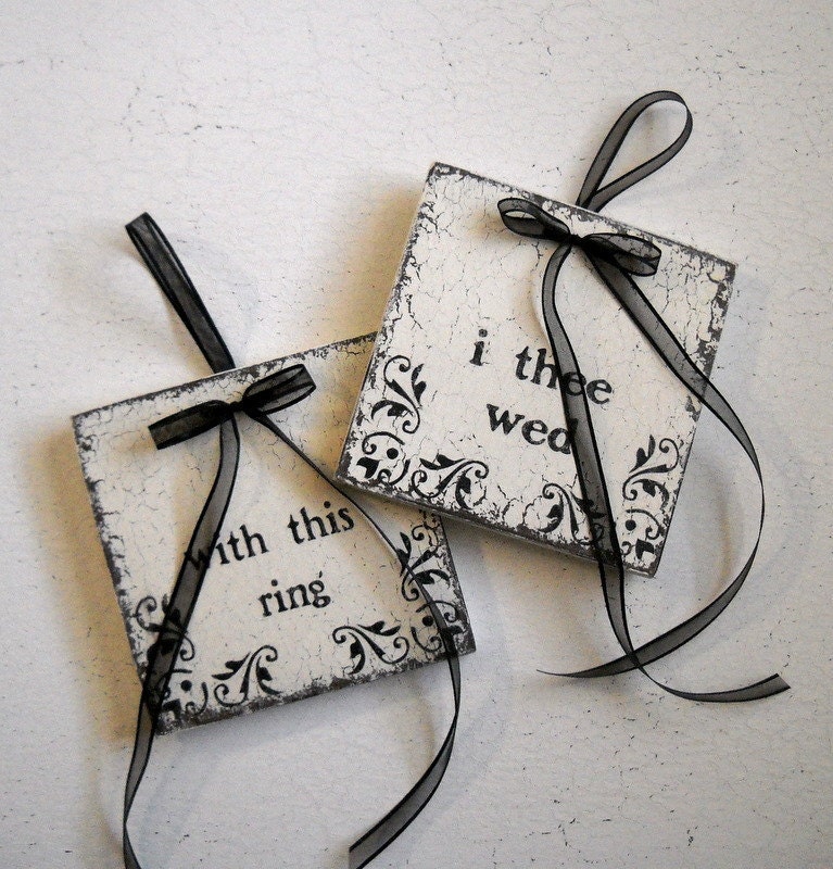 WEDDING RING HOLDER with Damask Set of 2 for your Wedding / Shabby Cottage Signs 5 x 5