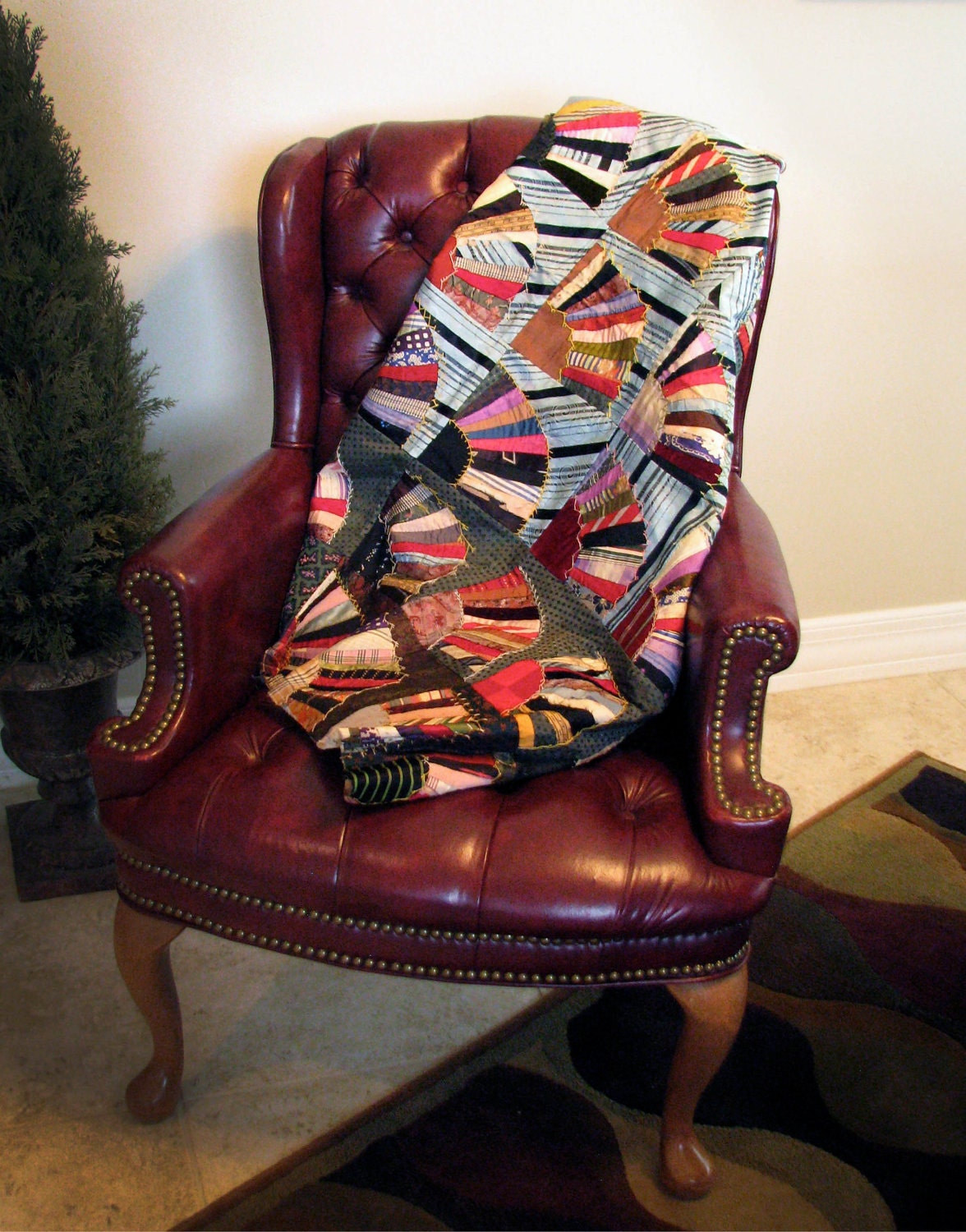 Silk Quilt Top with Herringbone Embroidery c1890 - Vintage Quilt