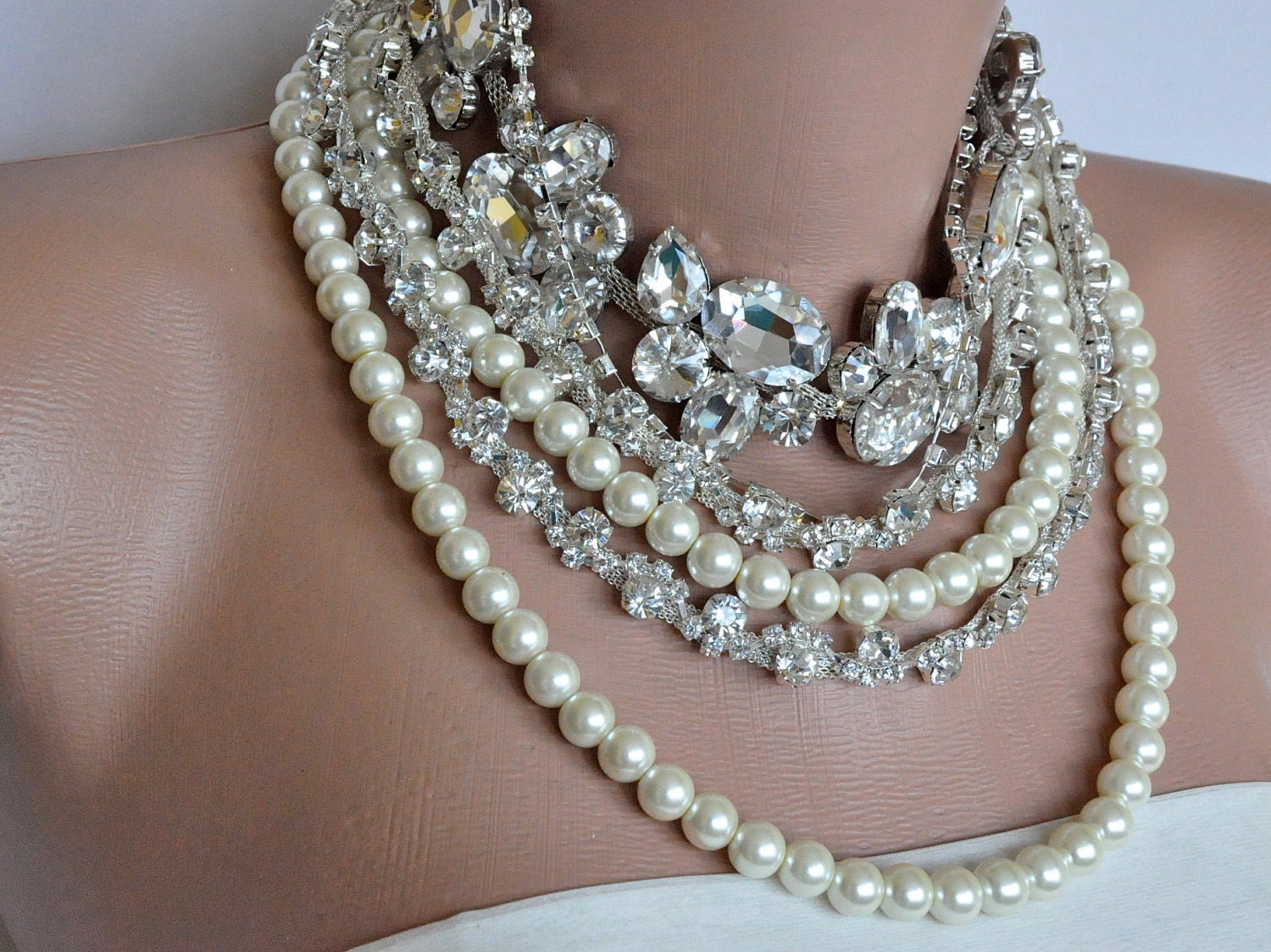 NEW Collection  Bold  Bridal Glass  Pearls and Rhinestone Necklace