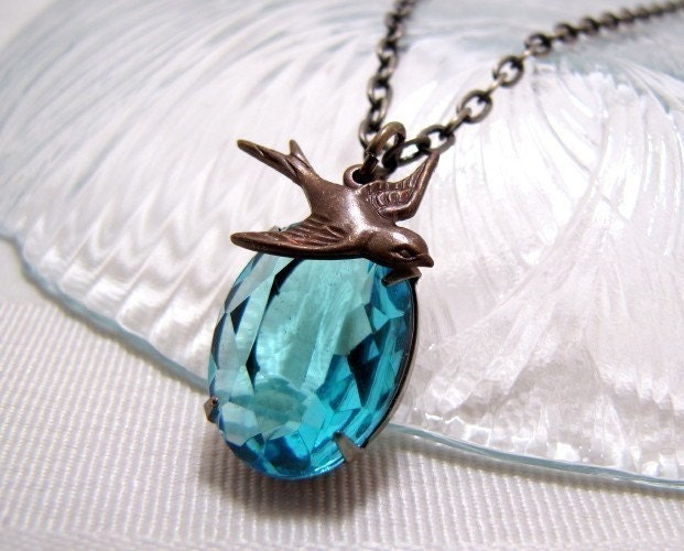 Blue Glass Jewel And Swallow Antiqued Brass Necklace