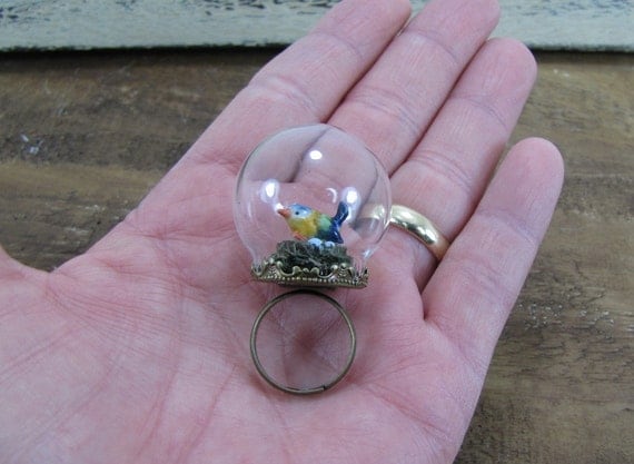 Bluebird With Nest And Eggs Glass Globe Terrarium Adjustable Ring