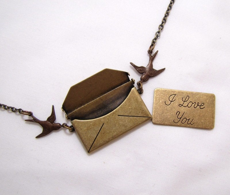 I Love You Envelope Locket Antiqued Brass Necklace