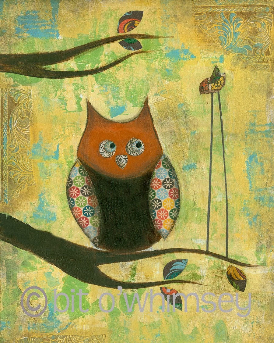 Calico Owl...5 x 7 print...from original mixed media painting and collage by Kandy Myny Red owl bird on branch