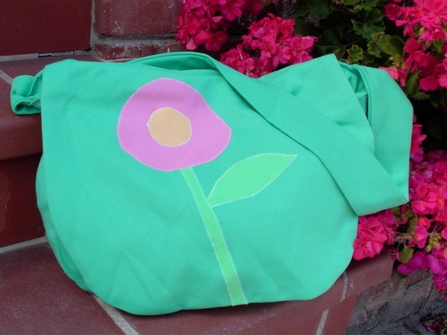 Green Messenger Bag with Pink Flower