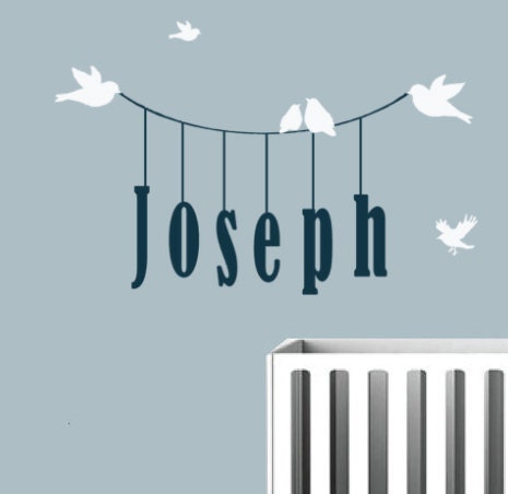 Children Wall Decal Monogram with birds and Kids name hanging from a string personalized baby nursery decor