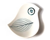 Mid century modern style Blue bird bowl White porcelain Teal leaf imprint Unique handmade small ceramic dish for soap rings jewelry candles
