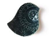 Lacy bird bowl in deep teal green ceramic pottery with vintage lace crochet texture Soap dish, candle or ring holder birthday gift