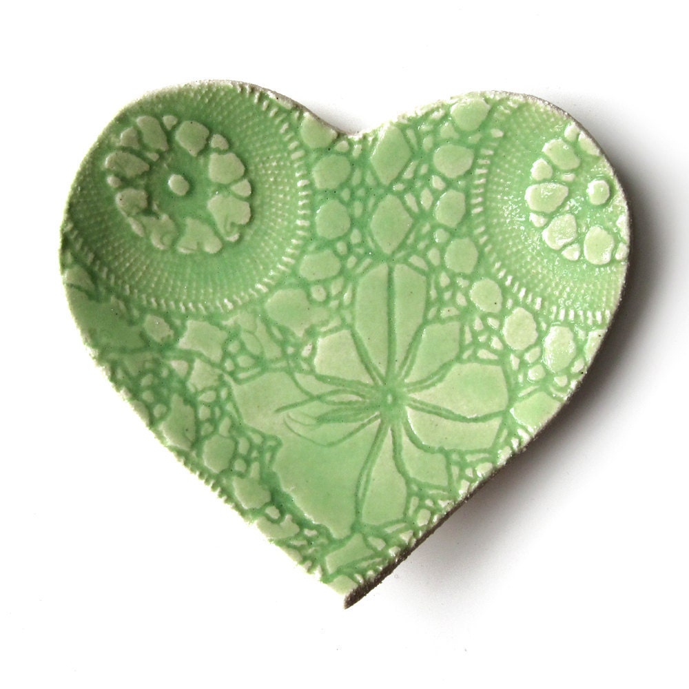 Spring Love Heart Plate Hand built Lace Pottery Key Lime green stoneware Serving, ring bowl or soap dish Handmade cupcake plate Gift