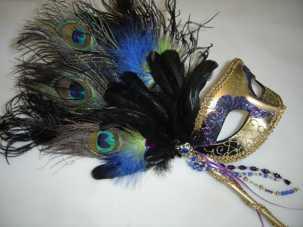 Royal Blue, Lime Green and Purple Peacock Venetian Stick Mask