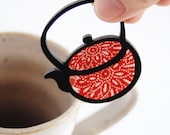 Teapot  Brooch - Vintage Kimono Fabric with Handpainted Sustainable Bamboo