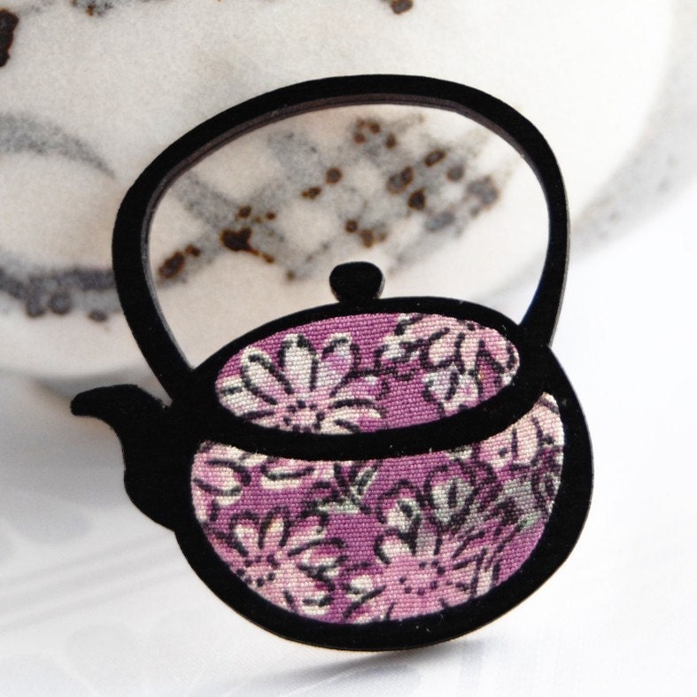 Tea Anyone Brooch with Purple Vintage Kimono Fabric