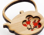 Teapot Brooch - Hand painted Sakura  Blossoms on Bamboo