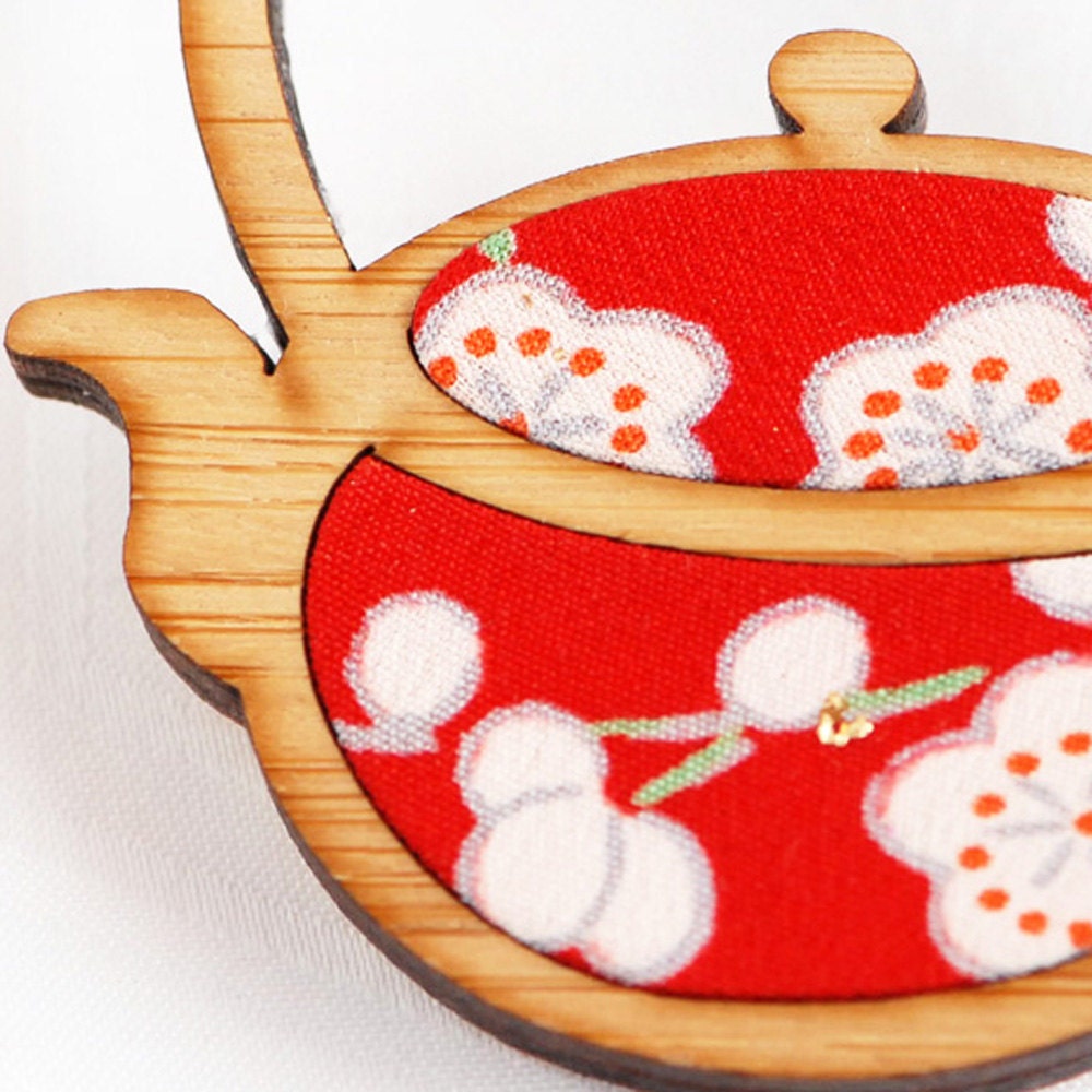 Teapot  Brooch - Vintage Kimono Fabric with Handpainted Sustainable Bamboo