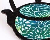 Teapot  Brooch - Vintage Kimono Fabric with Handpainted Sustainable Bamboo