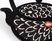 Teapot  Brooch - Vintage Kimono Fabric with Handpainted Sustainable Bamboo