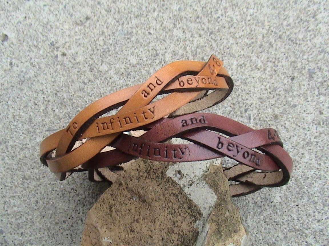 Custom - His n Hers - To Infinity...and beyond - leather ultra thin - 1/2 inch wide braided wristbands - set of two