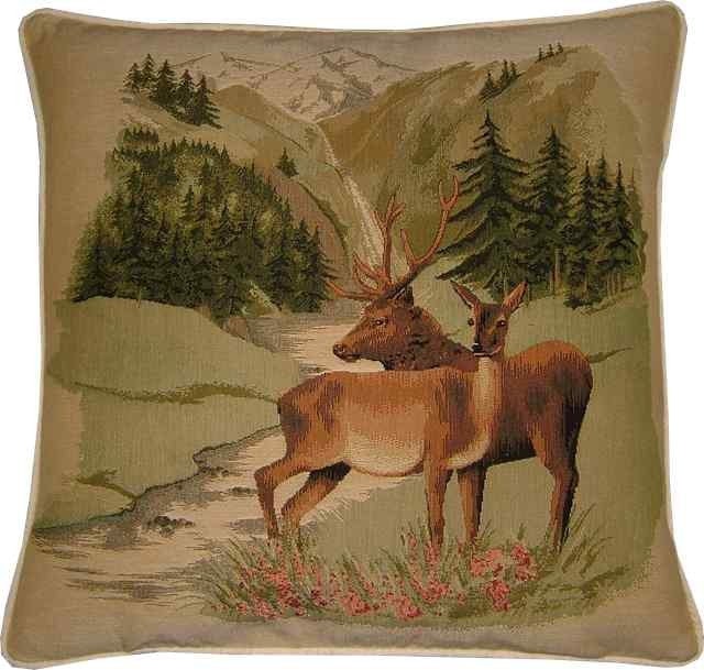 Stag and Doe Mountain Scene Tapestry Cushion Cover Sham