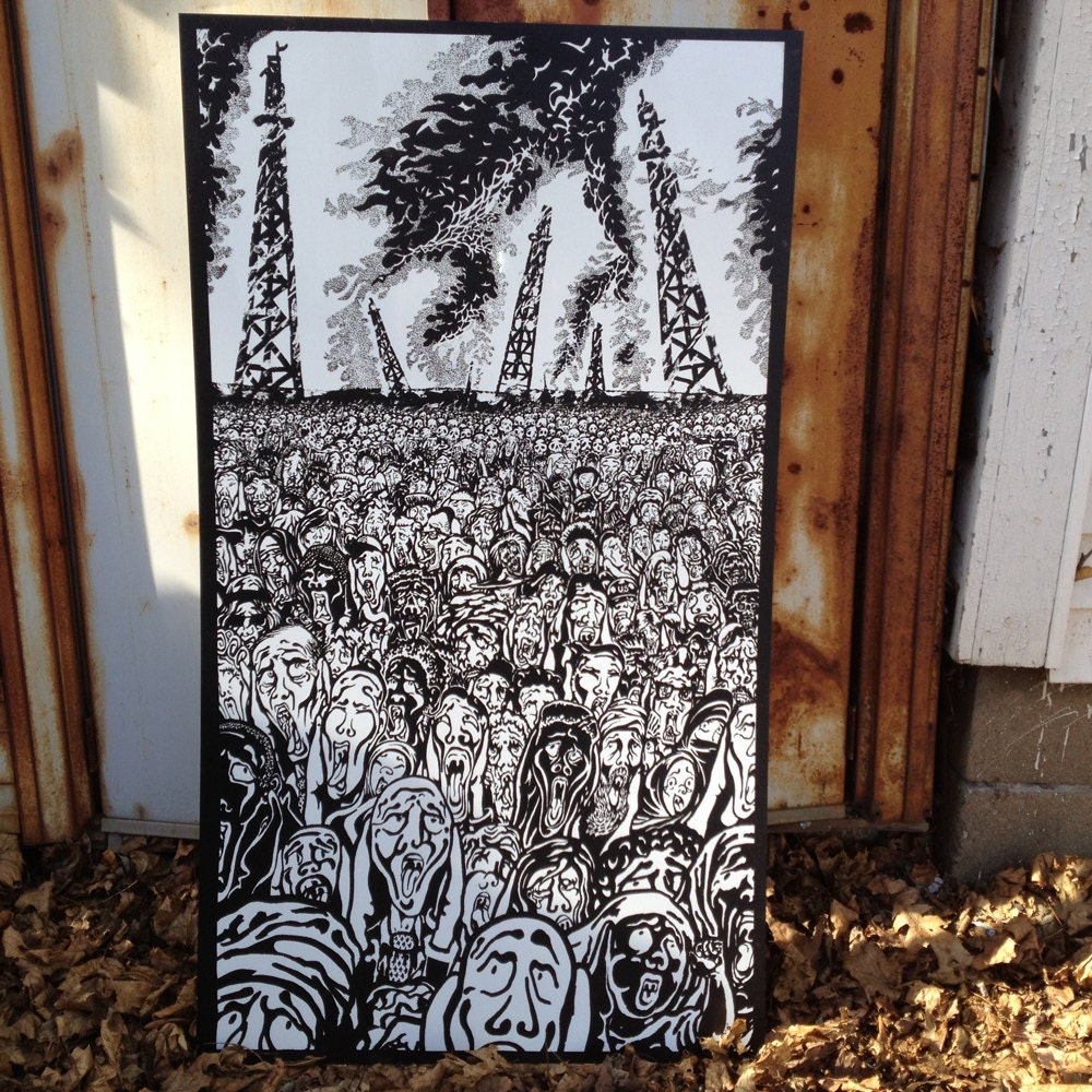 Huge black and white print on aluminum. Edvard Munch inspired ink. 27x47 1/2"
