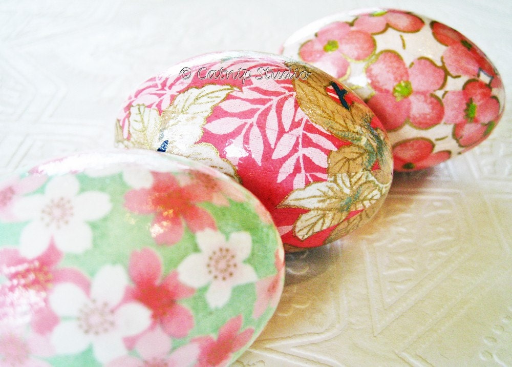 Pink and Mint Green Origami Decoupage Easter Eggs cherry blossom