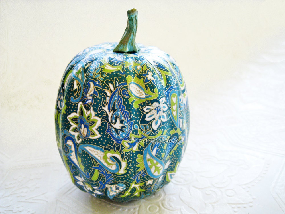 Pumpkin Ornament Squash Ornament Paisley Pumpkin decoupage origami paisley turquoise teal gold fall autumn thanksgiving