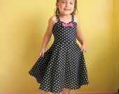Retro  Black POLKA DOT twirly Circle skirt swing dance Dress hot  pink swing dance Rockabilly retro kids clothes girls fifties 50s