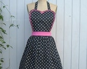 Womens apron Retro full APRON  Black polka dot vintage style flirty aprons or hostess gift