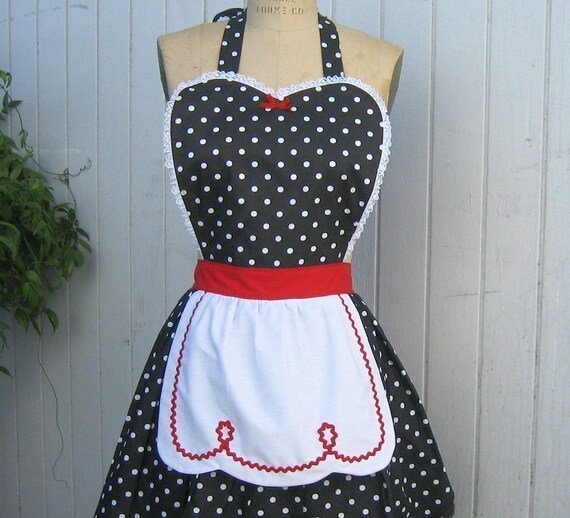 apron LUCY ...... retro red with black polka dot womens full apron make a flirty hostess gift