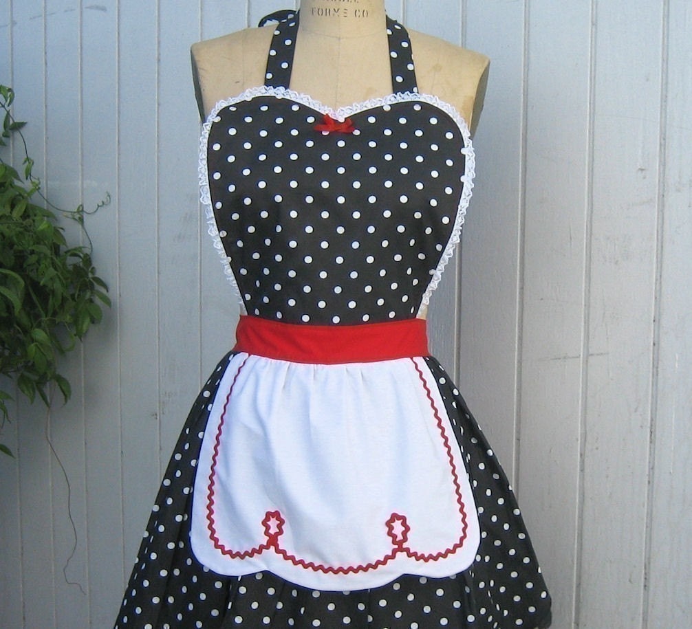 apron LUCY ...... retro red with black polka dot womens full apron make a flirty hostess gift