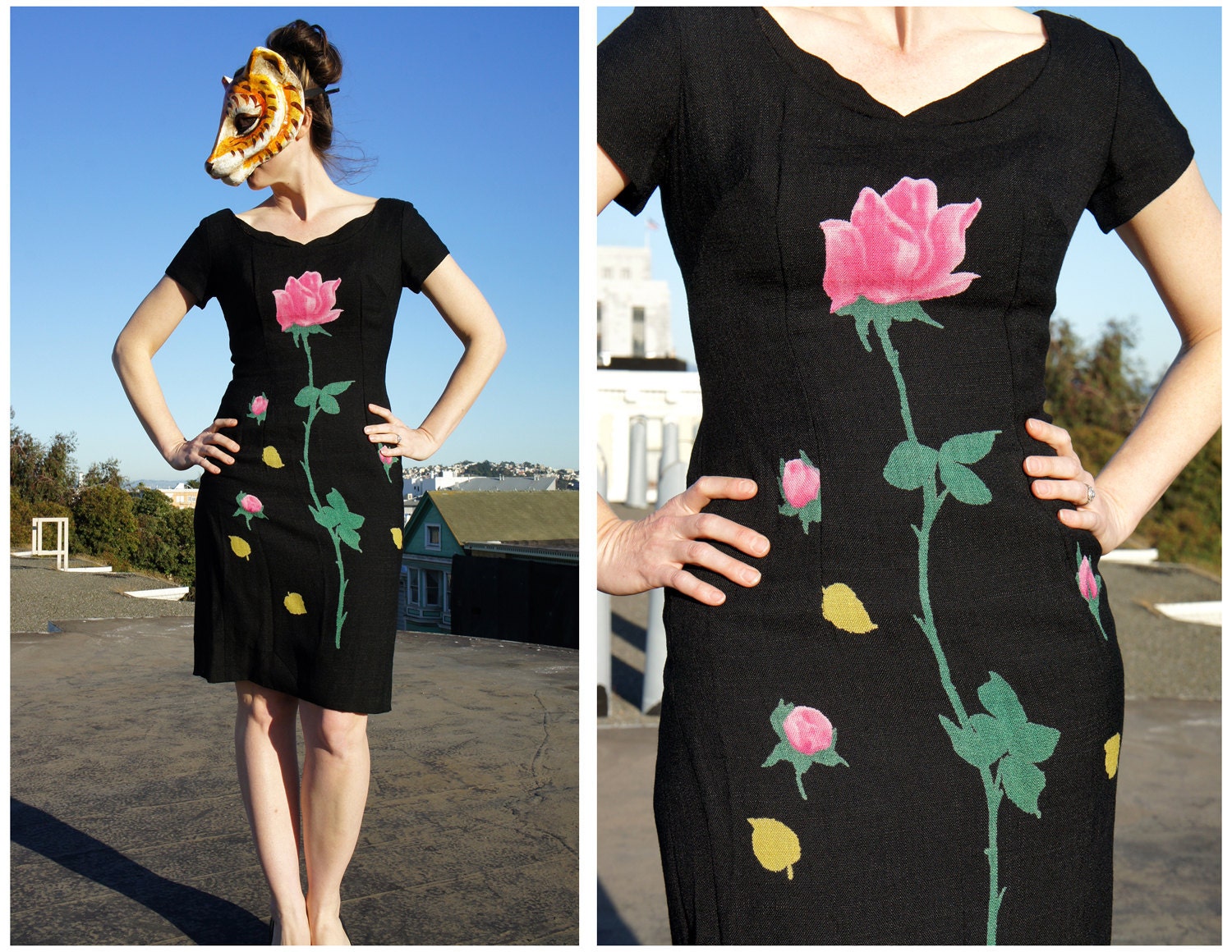 Vintage 50s 60s Black Wiggle Dress with Scallop Slit and Novelty Rose Floral Print - sz S/M