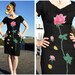 Vintage 50s 60s Black Wiggle Dress with Scallop Slit and Novelty Rose Floral Print - sz S/M