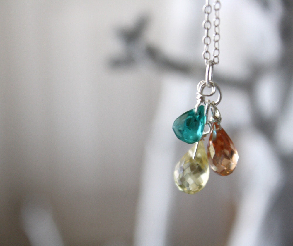 Delicate Sterling Silver Mixed Gemstone Necklace - Three AAA Gems - Tiny Trio - teal blue peach lemon topaz