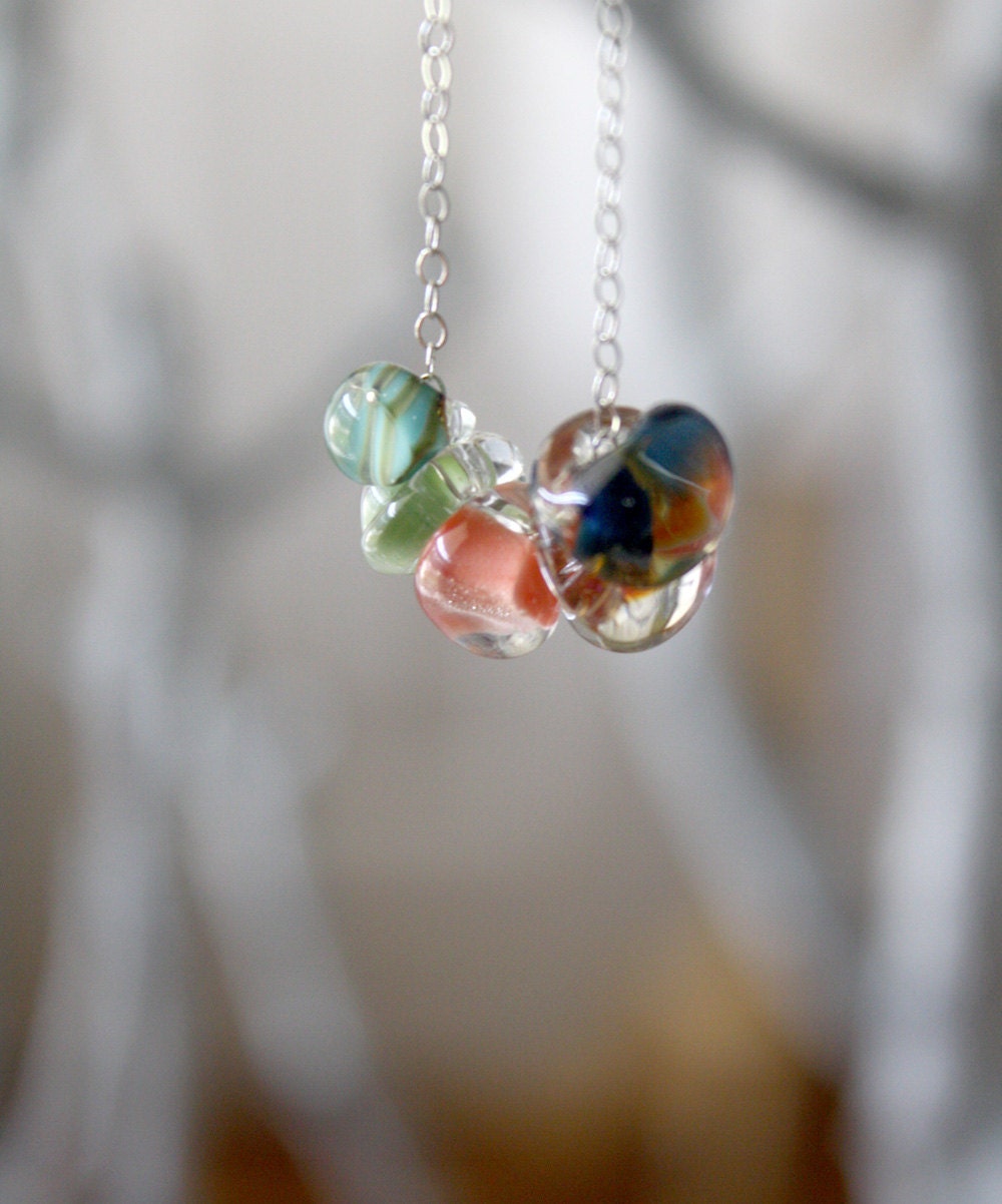 Colorful Glass Droplet Necklace - lampwork boro glass beads & sterling silver chain - gifts under 40