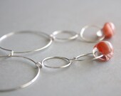 Silver hoop earrings with Coral Glass Droplets - long light and airy