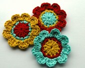 Crochet Flowers in Red, Aqua and Mustard