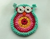 Crochet Owl Applique ex-large size in Aqua, Pink and Yellow