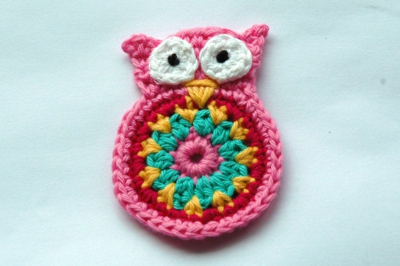 Crochet Owl Applique large size in Pink, Red, Yellow and Aqua Blue