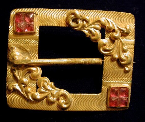 Victorian Buckle Brooch Gold Wash Pink Paste Pin