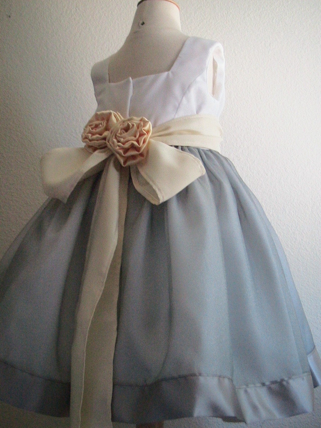 Silver, White and Yellow Satin Organza Flower Girl Dress (Size 2T-4T)