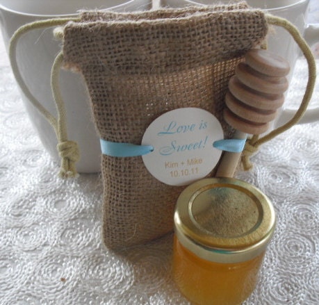 SET OF 10 Love is Sweet Personalized Burlap Wedding Favor Bags with Honey Dipper - Item 1137