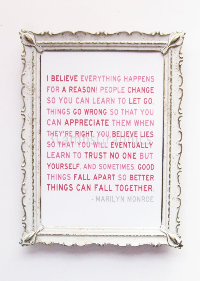 Everything Happens for a Reason Marilyn Monroe 5 x 7 Quote Print in Pinks